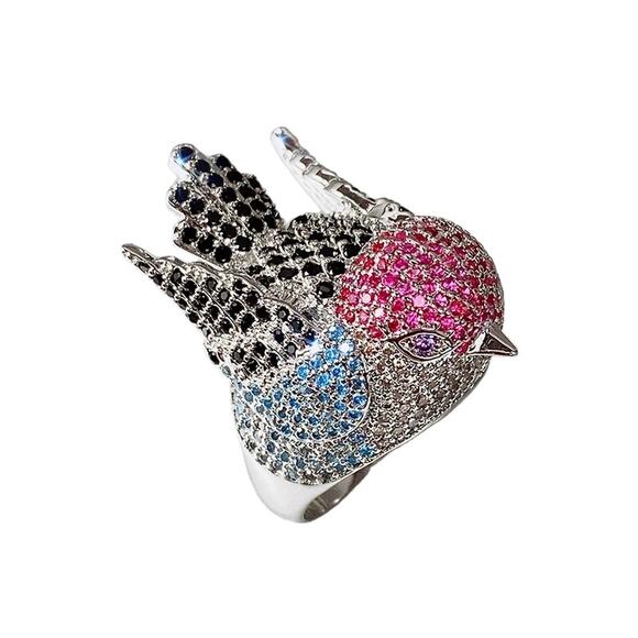 Micro Pavé Multi-Color Silvertone Dome Bird Statement Ring Size 10 - Picture 1 of 5